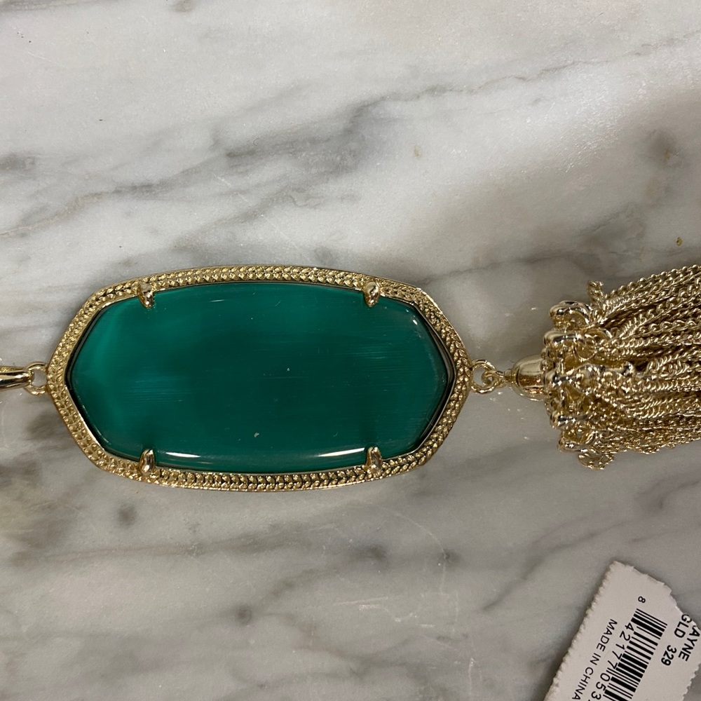Kendra Scott long green necklace in gold